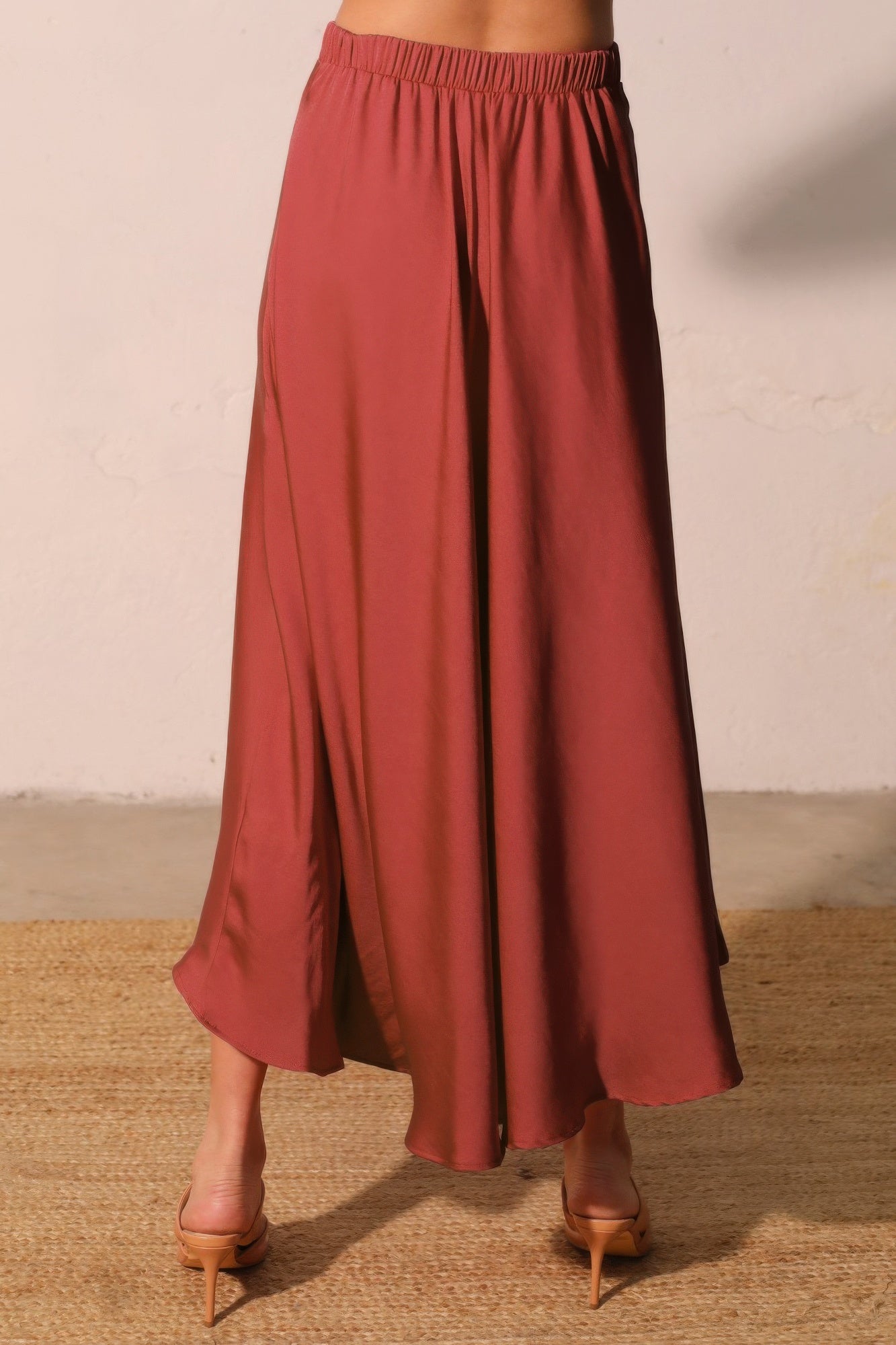 Brown Pleated Washed Poly Silk Midi Swing Skirt TYCHE