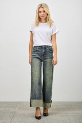 High Rise Dirty Wash Cuffed Jeans With Stretch Saige
