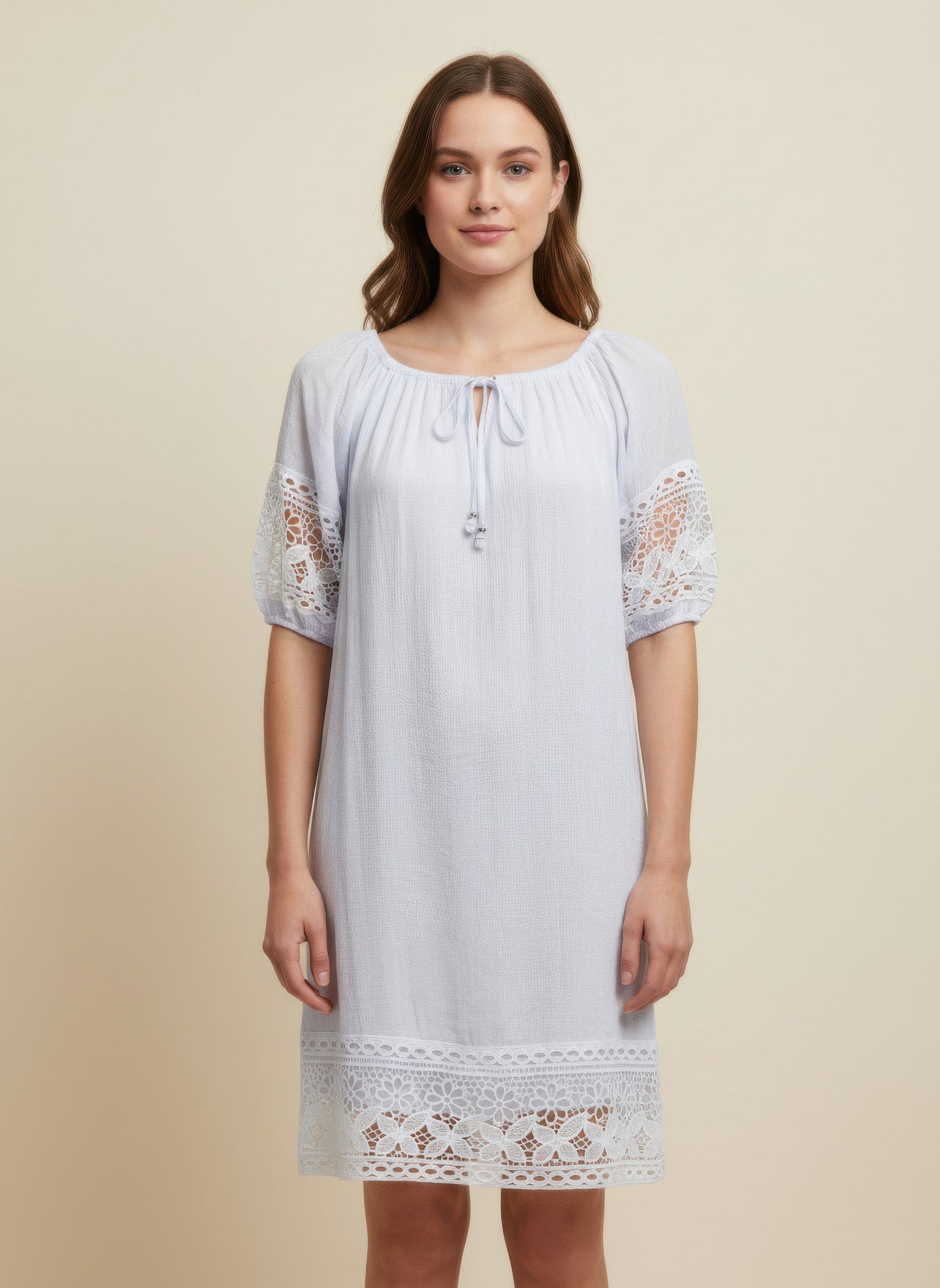 Simmer & Fay - model wearing Mlle Gabrielle solid short sleeve dress with notch elastic neckline and lace sleeve/hem trim