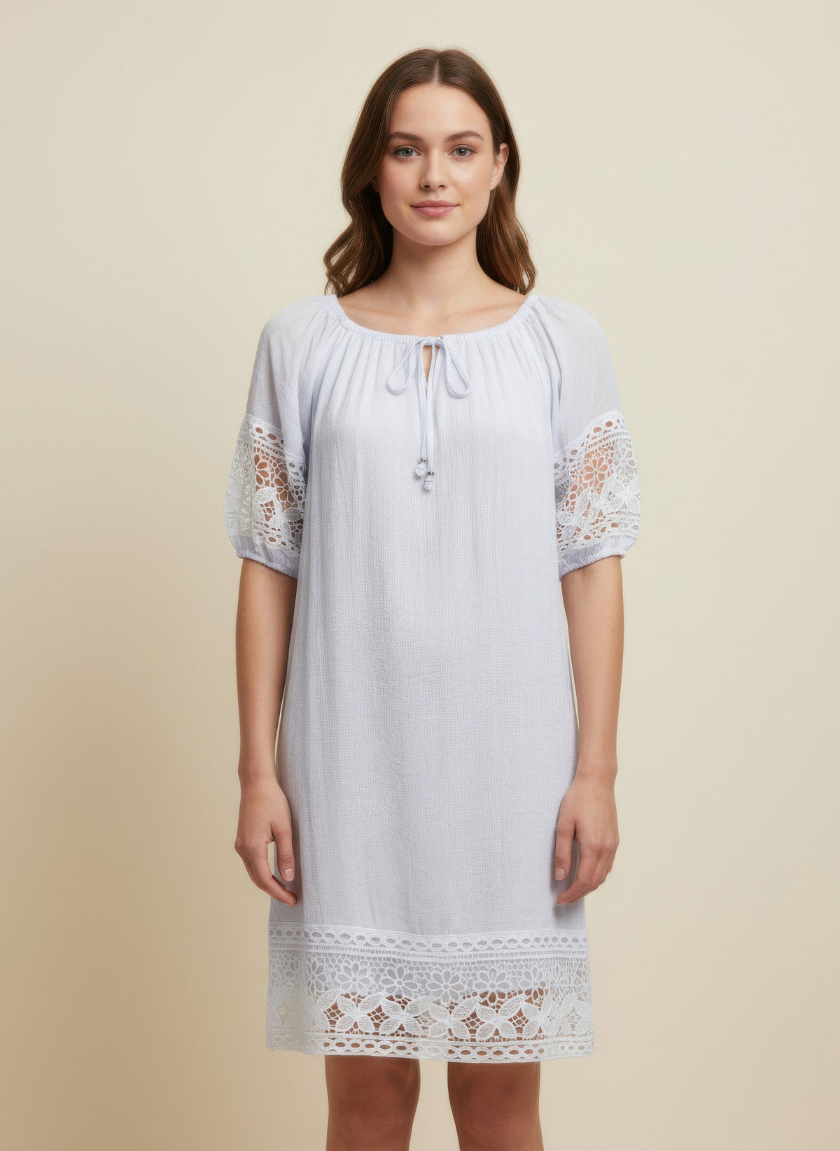 Simmer & Fay - model wearing Mlle Gabrielle solid short sleeve dress with notch elastic neckline and lace sleeve/hem trim