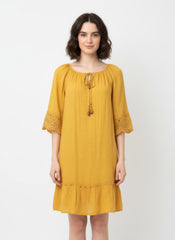 Simmer & Fay - Mlle Gabrielle solid gold elbow sleeve dress with crochet sleeve detail and notch elastic neckline