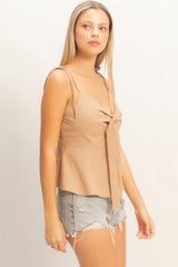 Tie Front Spaghetti Strap Top - Taupe HYFVE