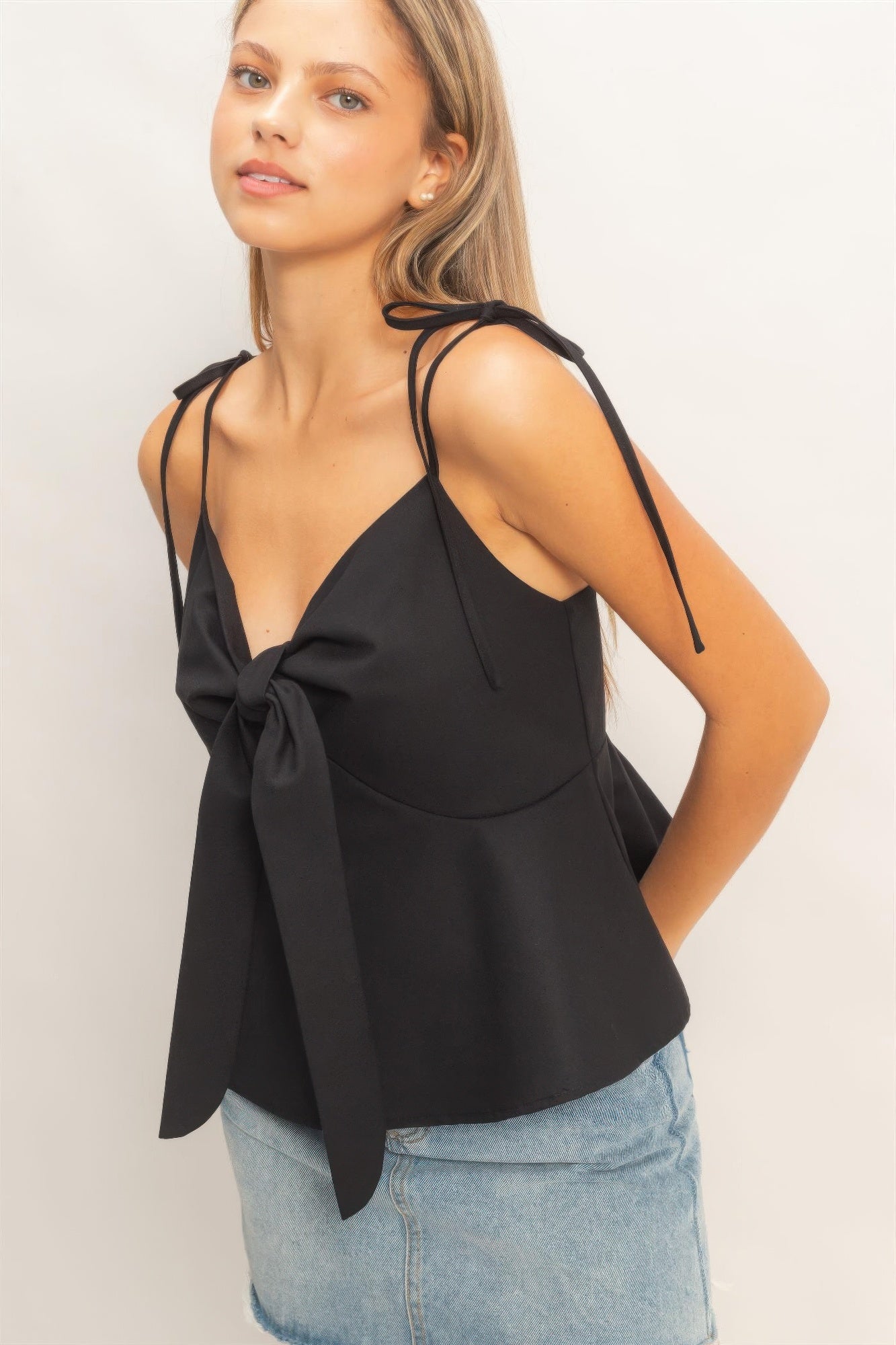 Tie Front Spaghetti Strap Top - Black HYFVE