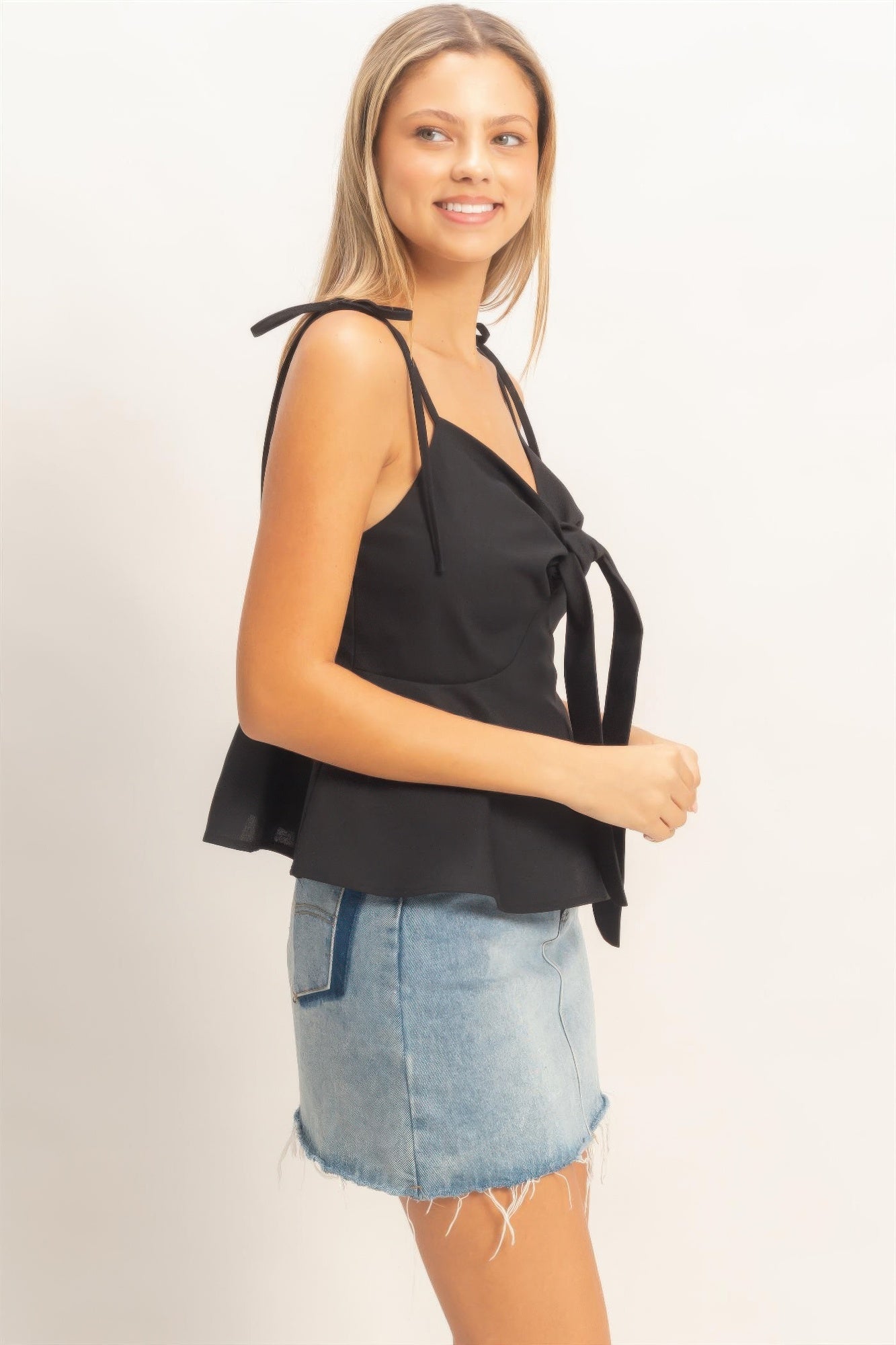 Tie Front Spaghetti Strap Top - Black HYFVE