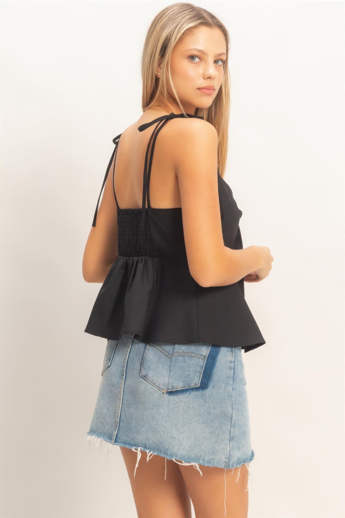 Tie Front Spaghetti Strap Top - Black HYFVE