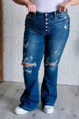 Mid Rise Distressed Button Fly Flare Jeans Judy Blue   