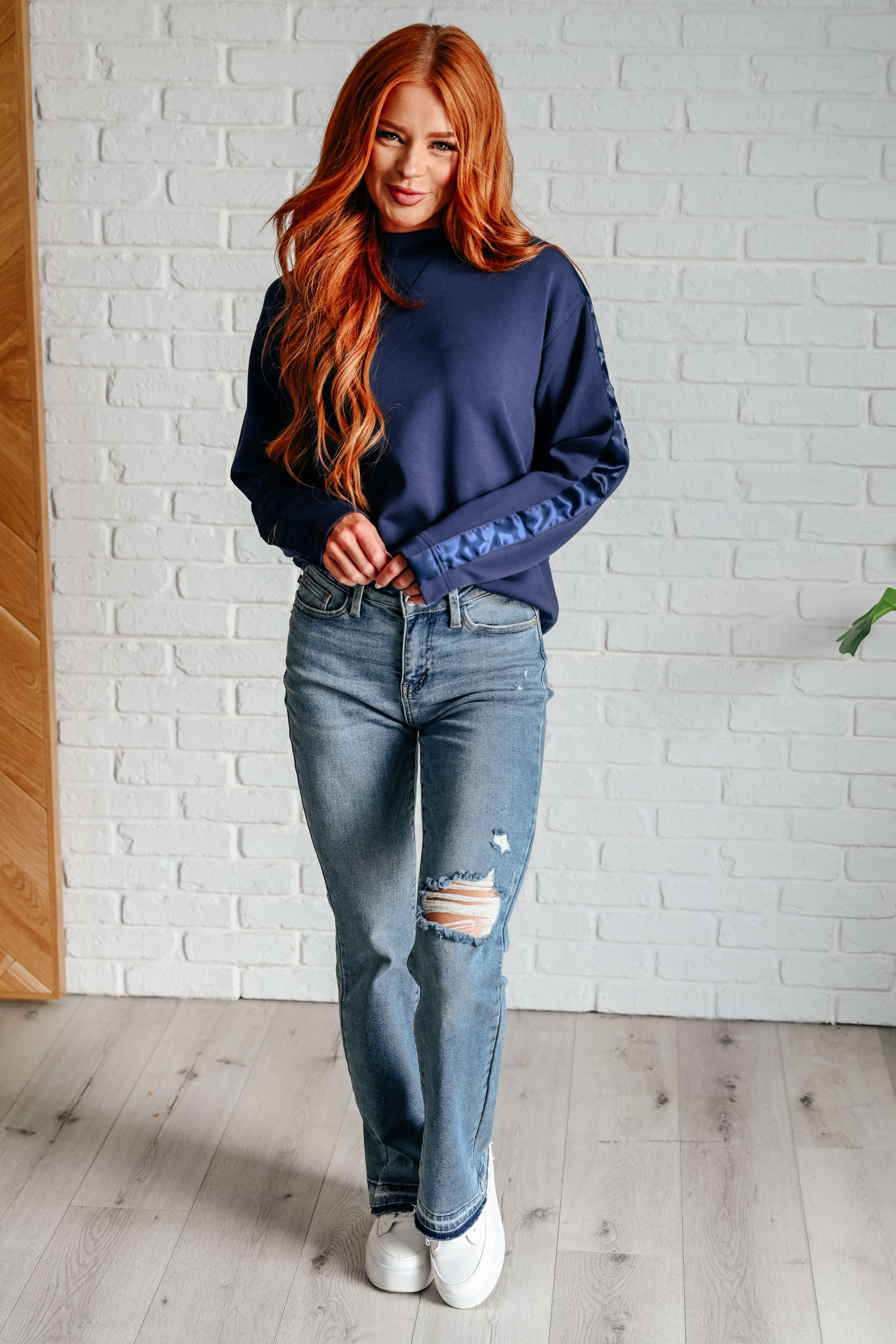 Lysa Satin Stripe Pullover in Smoky Navy Rae Mode   