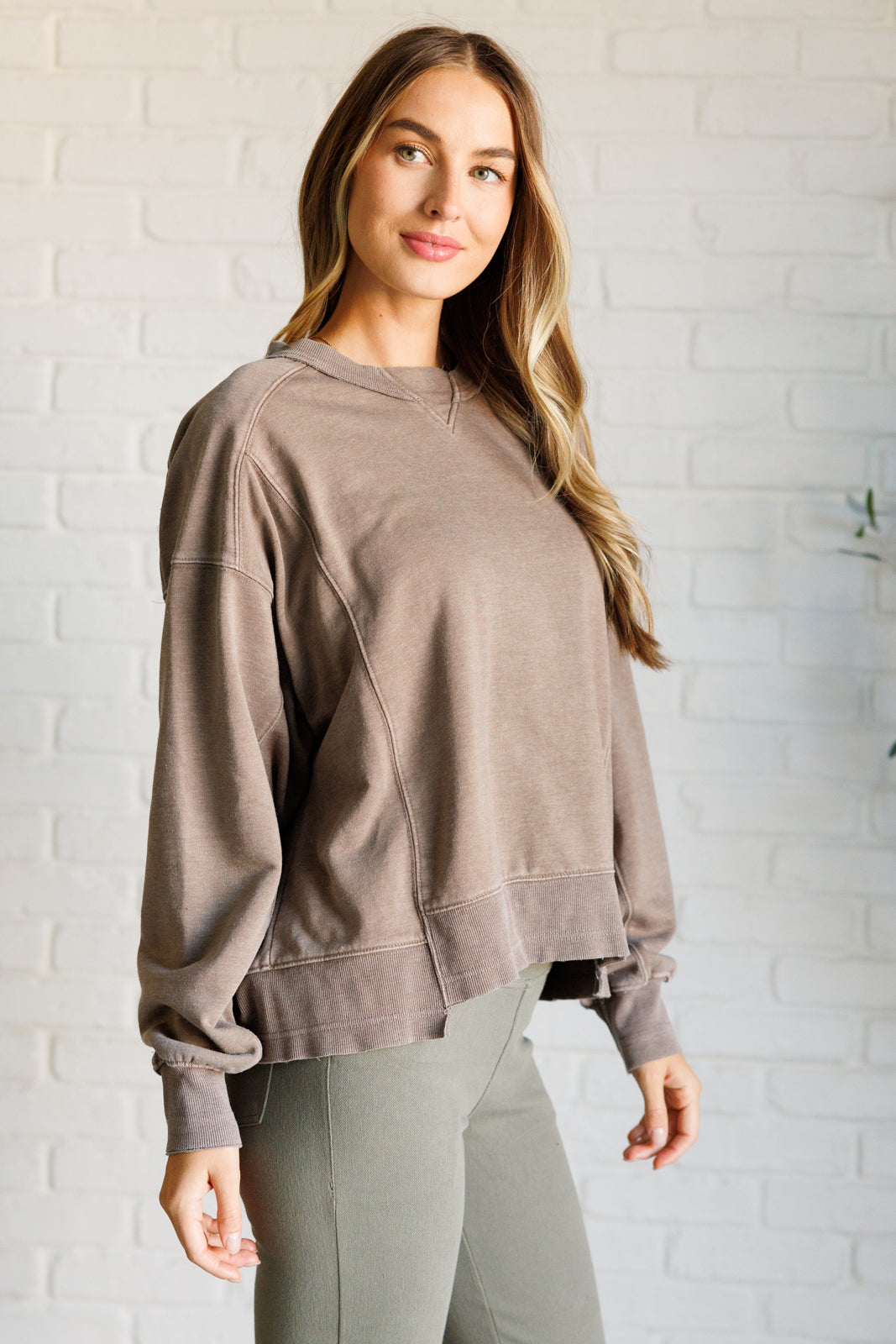 Quick Fix Mineral Wash Crew Neck Pullover in Mocha Rae Mode   