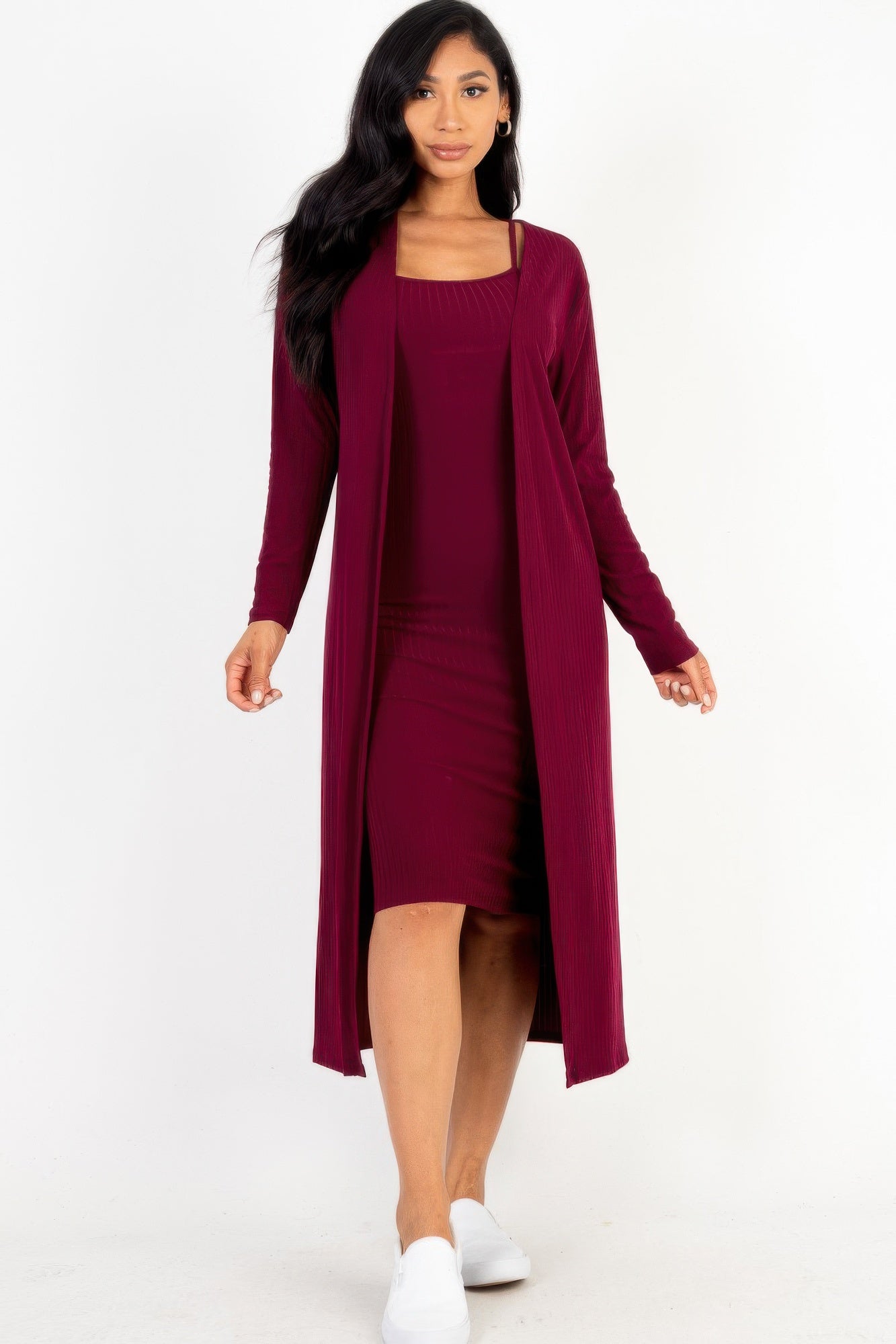 Ribbed Cardigan & Cami Midi Bodycon Dress Simmer & Fay Burgundy S