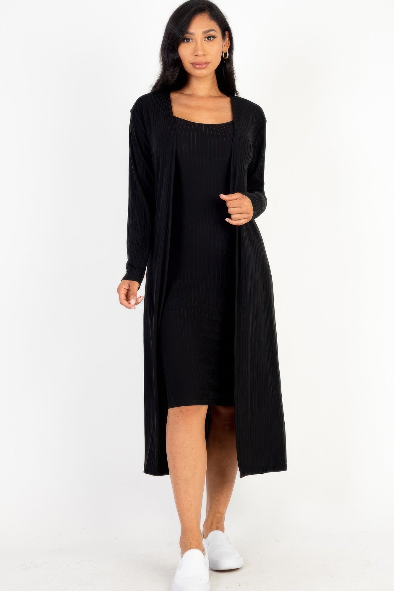 Ribbed Cardigan & Cami Midi Bodycon Dress Simmer & Fay Black S