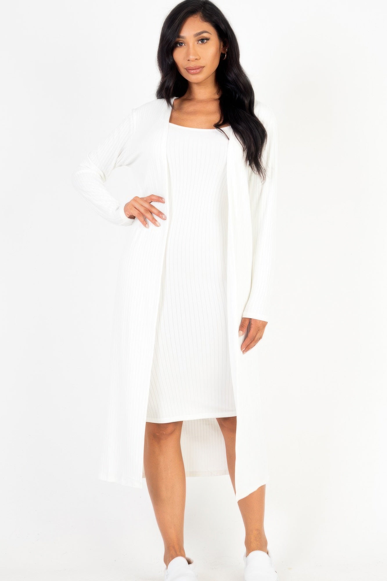 Ribbed Cardigan & Cami Midi Bodycon Dress Simmer & Fay White S