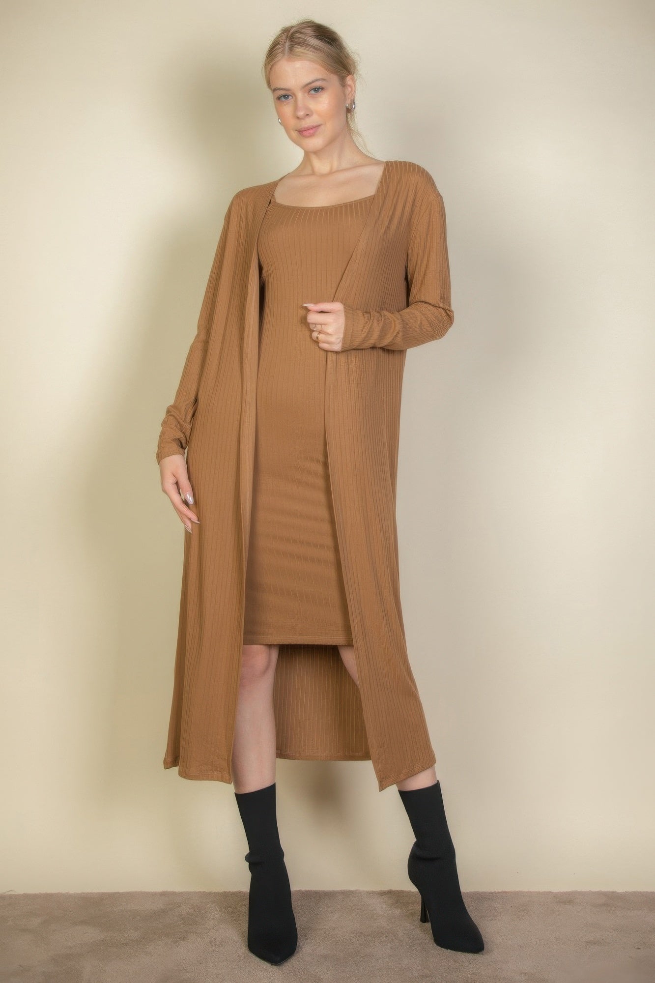 Ribbed Cardigan & Cami Midi Bodycon Dress Simmer & Fay Mocha S