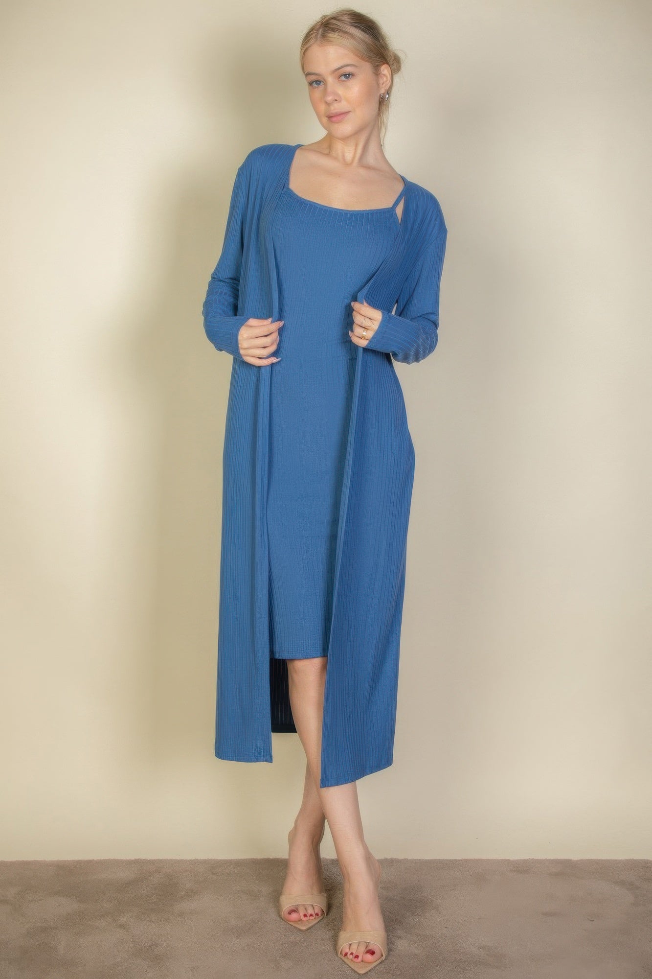 Ribbed Cardigan & Cami Midi Bodycon Dress Simmer & Fay Blue Haze S