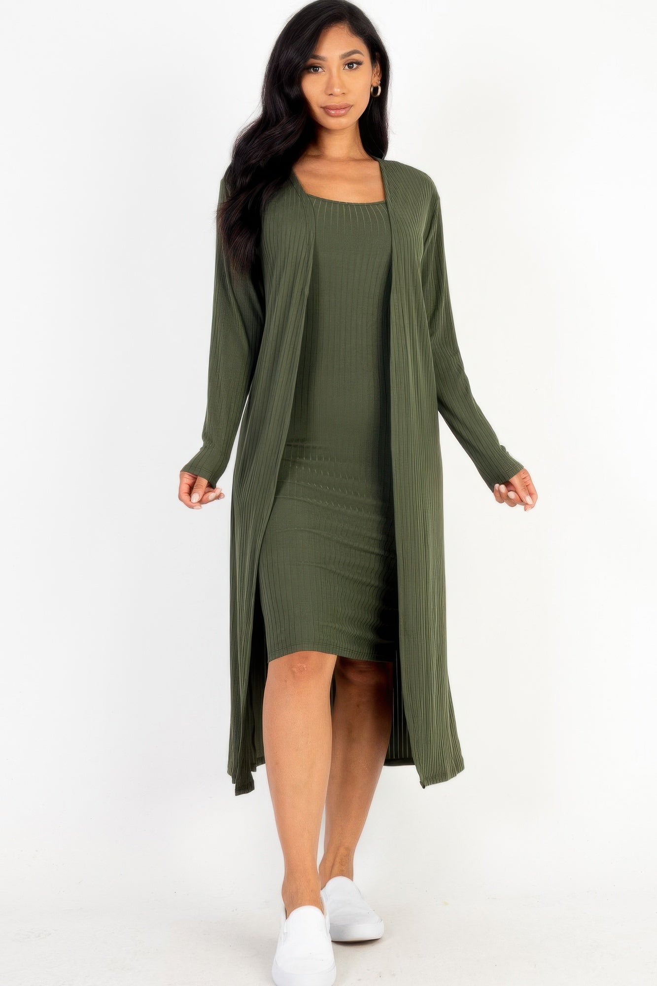 Ribbed Cardigan & Cami Midi Bodycon Dress Simmer & Fay Olive S