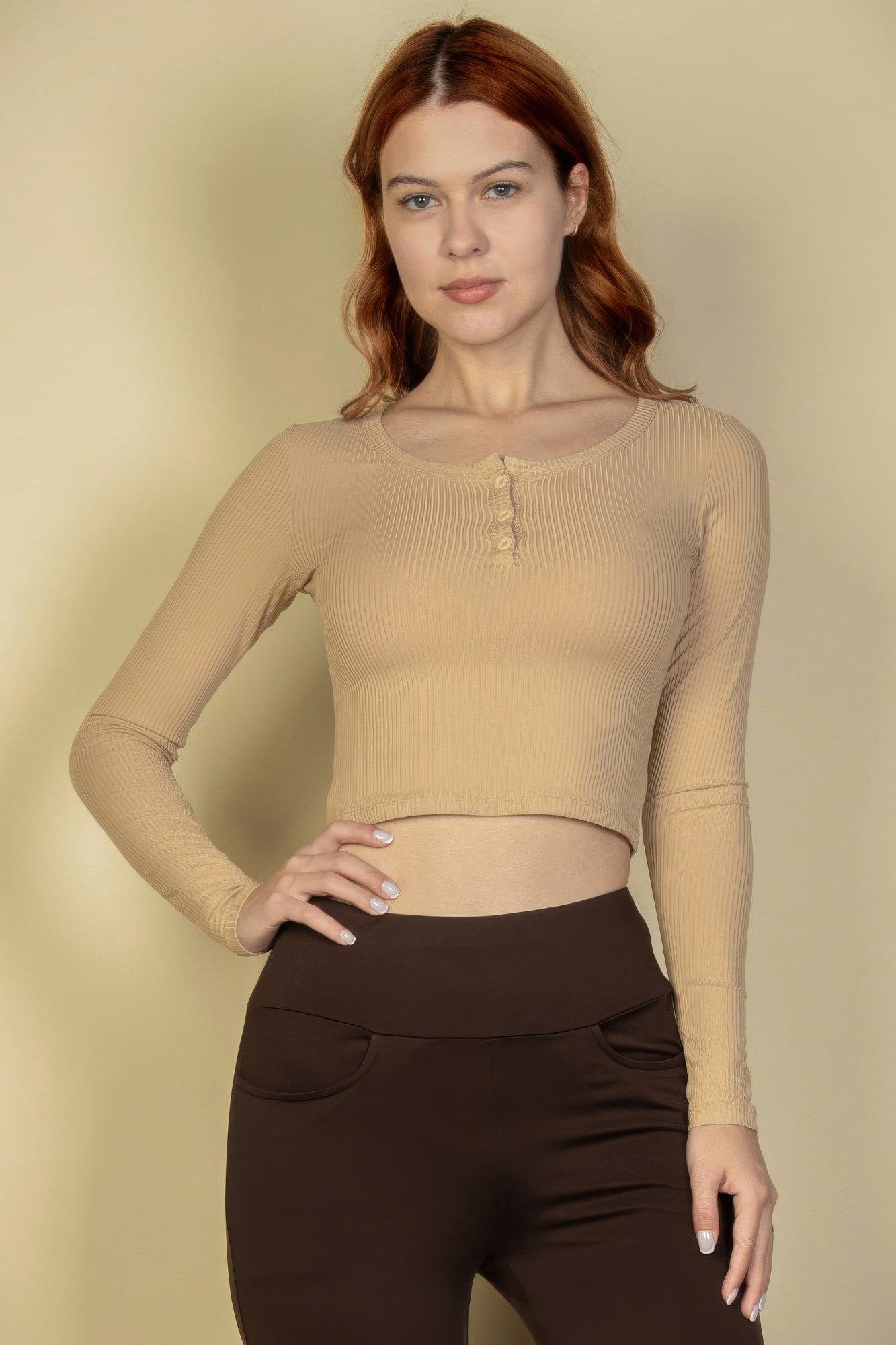 Ribbed Button Up Long Sleeve Crop Top Simmer & Fay