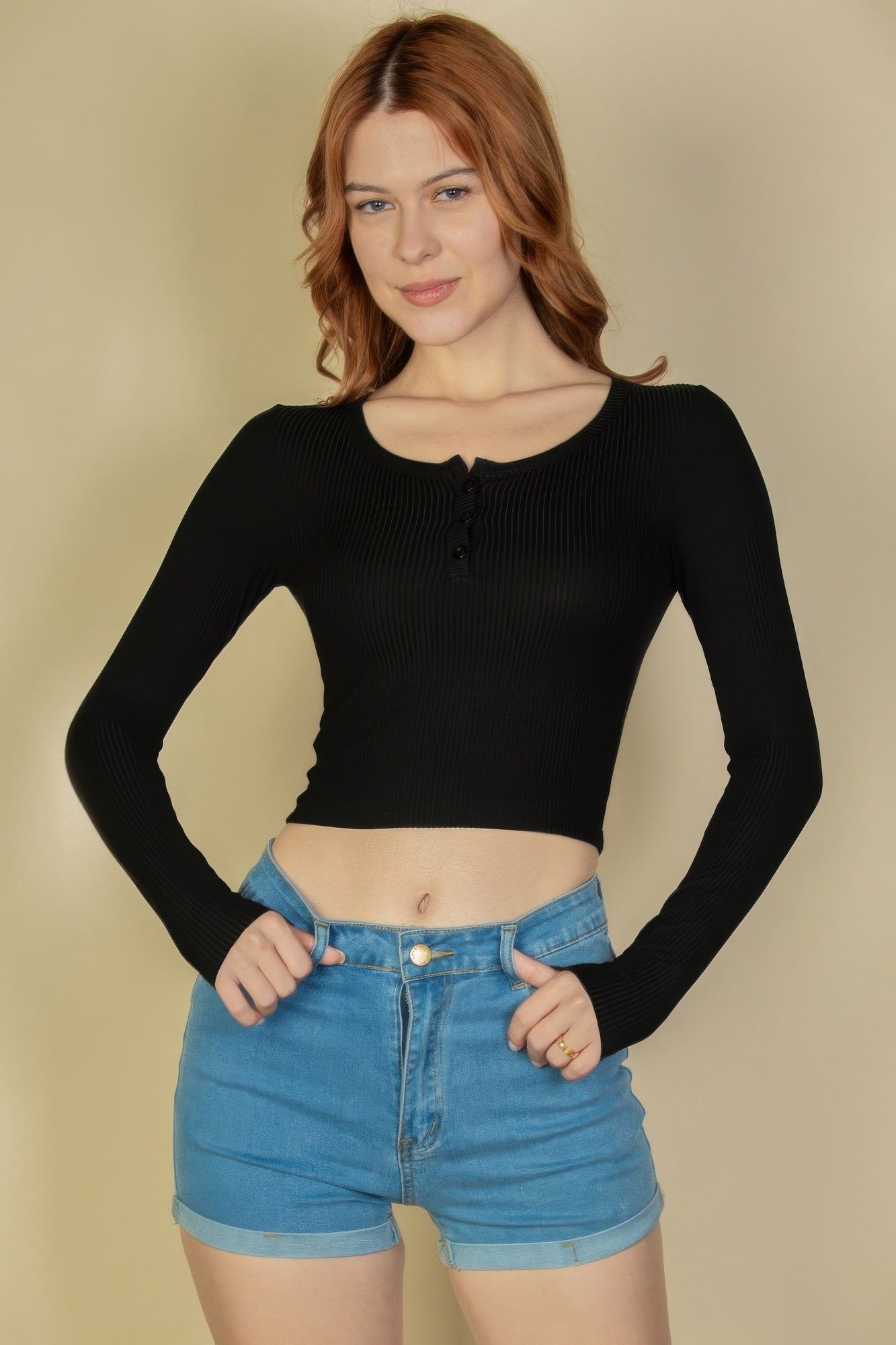 Ribbed Button Up Long Sleeve Crop Top Simmer & Fay Black S