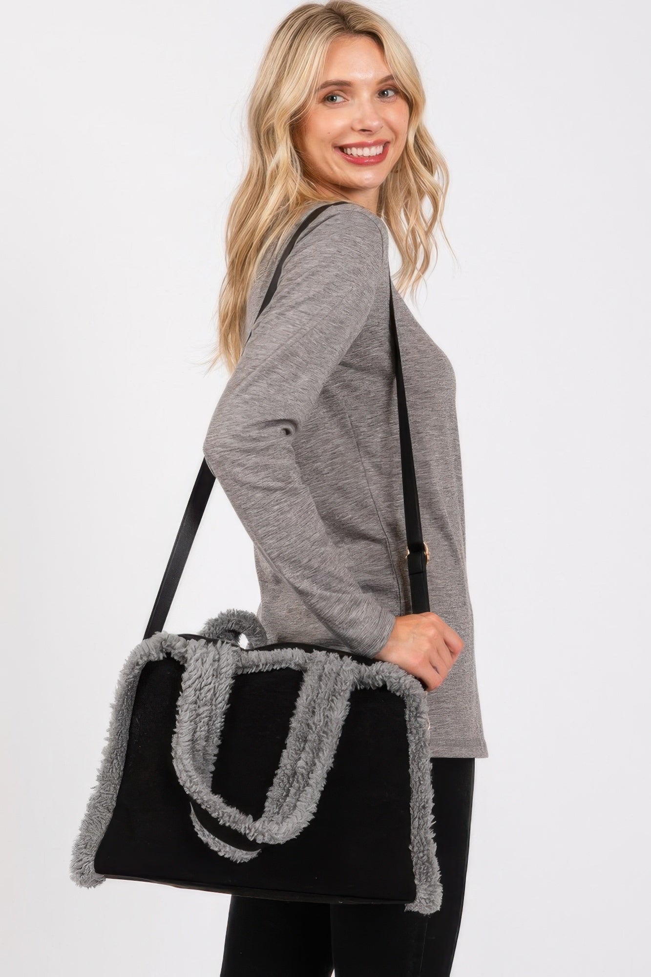Fleece Trimmed Solid Tote And Crossbody Bag Simmer & Fay
