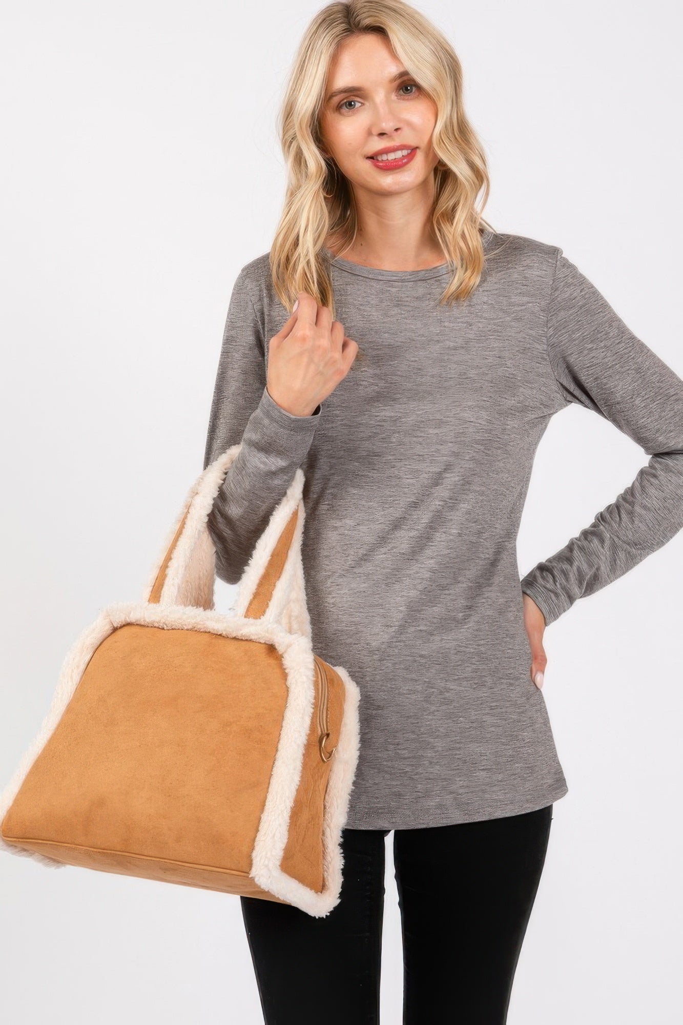 Fleece Trimmed Solid Tote And Crossbody Bag Simmer & Fay Camel
