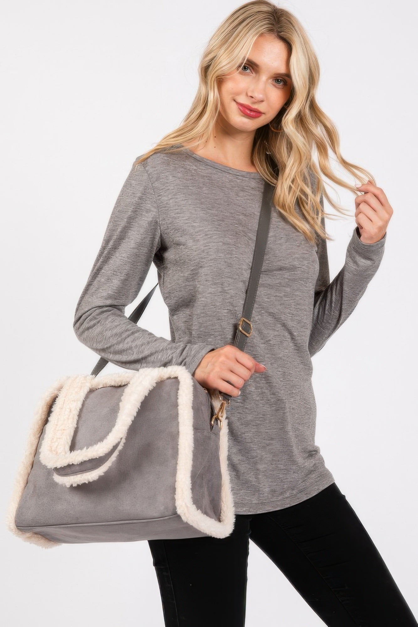 Fleece Trimmed Solid Tote And Crossbody Bag Simmer & Fay Gray