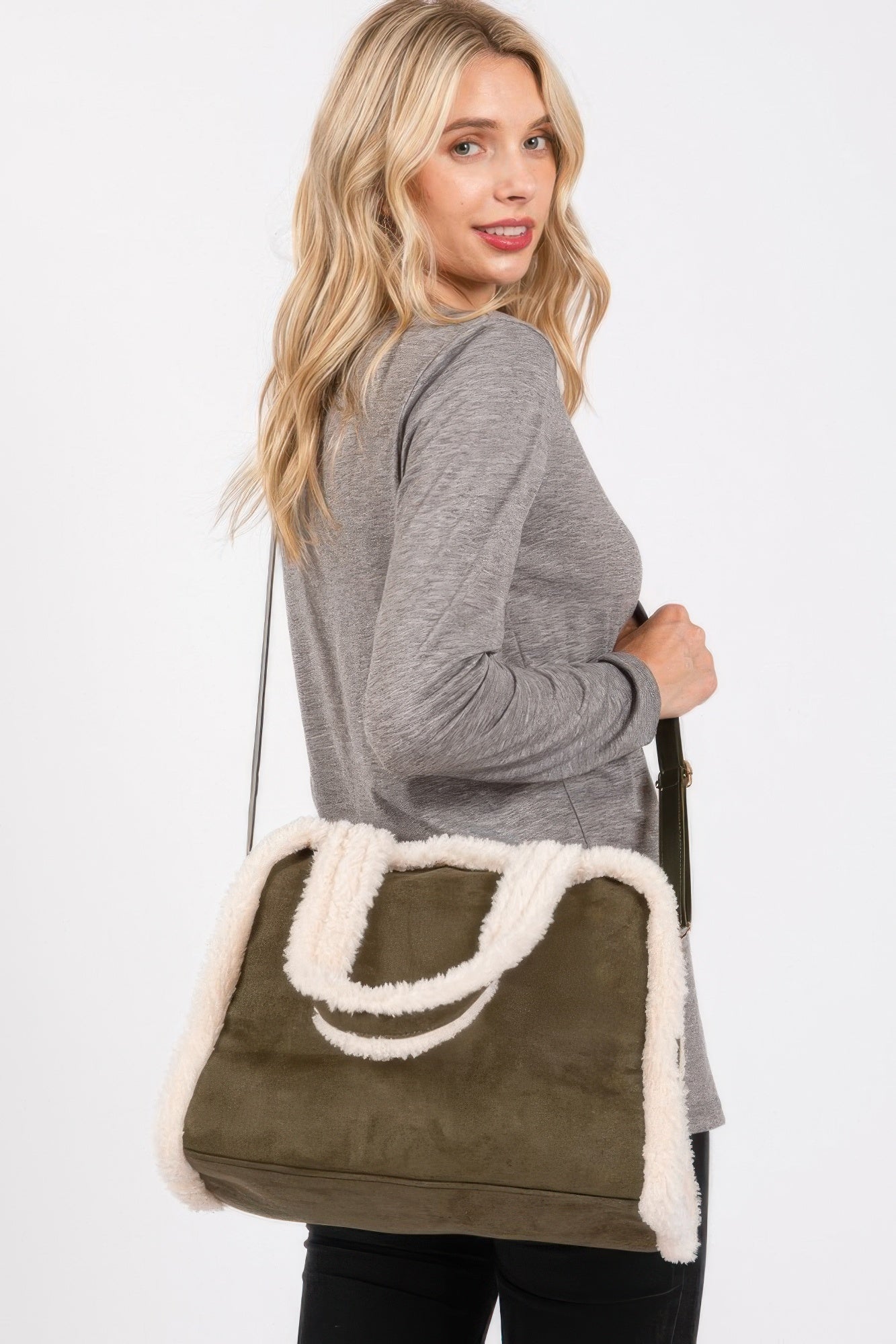 Fleece Trimmed Solid Tote And Crossbody Bag Simmer & Fay Olive