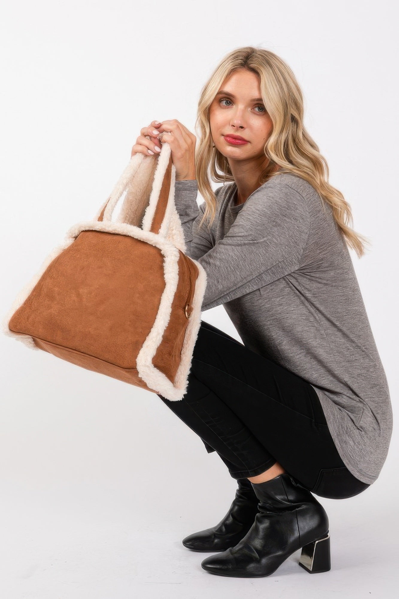 Fleece Trimmed Solid Tote And Crossbody Bag Simmer & Fay Brown