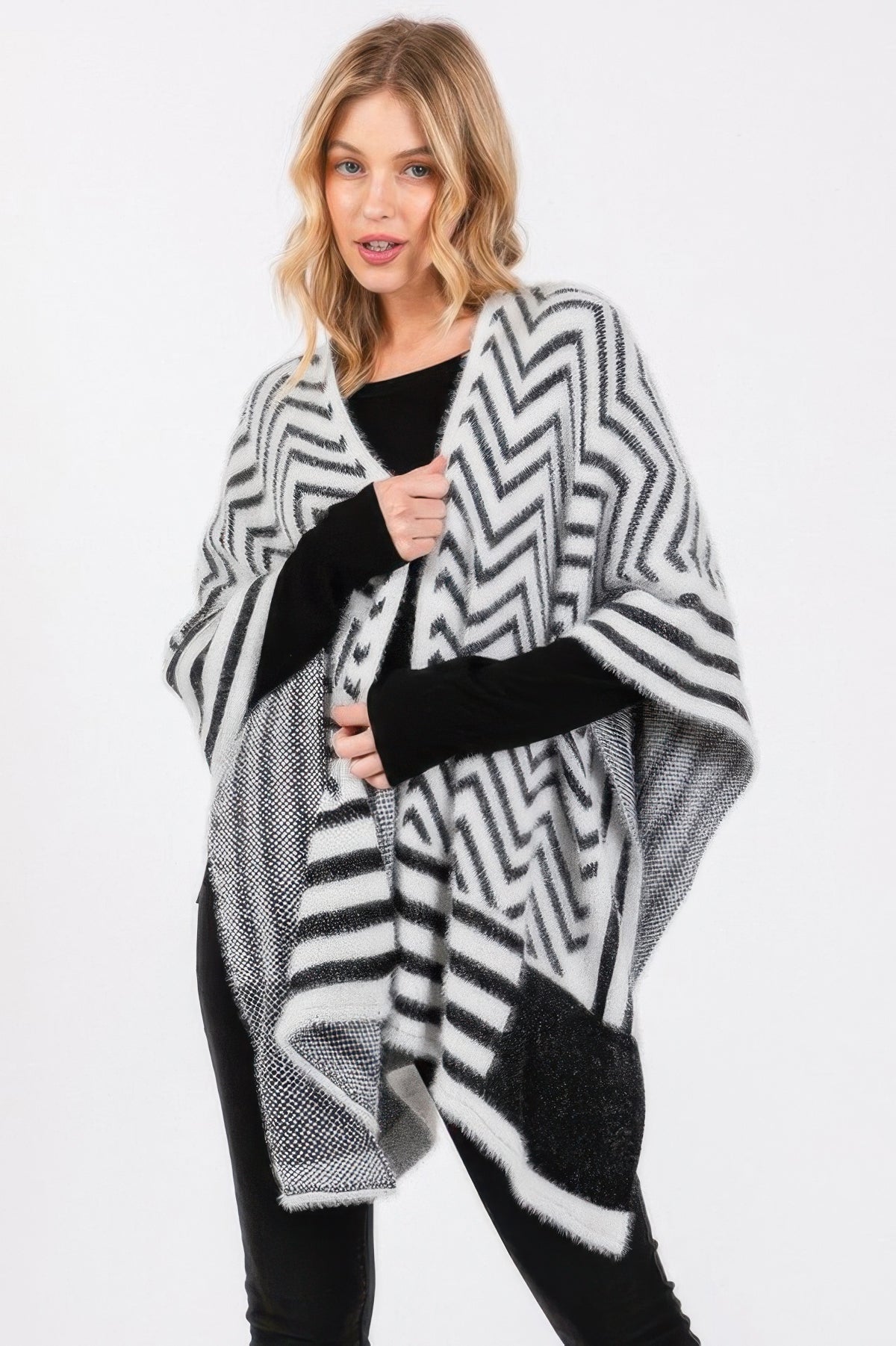 Fuzzy Chevron Pattern Ruana Simmer & Fay Ivory One Size Fits All