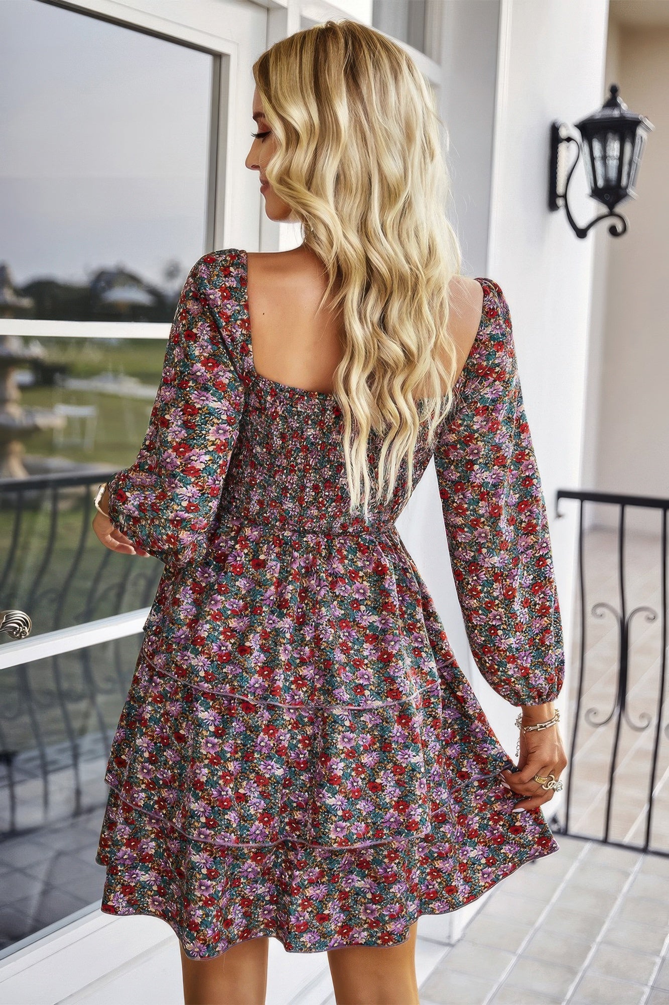 Square Neck Solid Lace Up Floral Cocktail Dress Simmer & Fay Red S