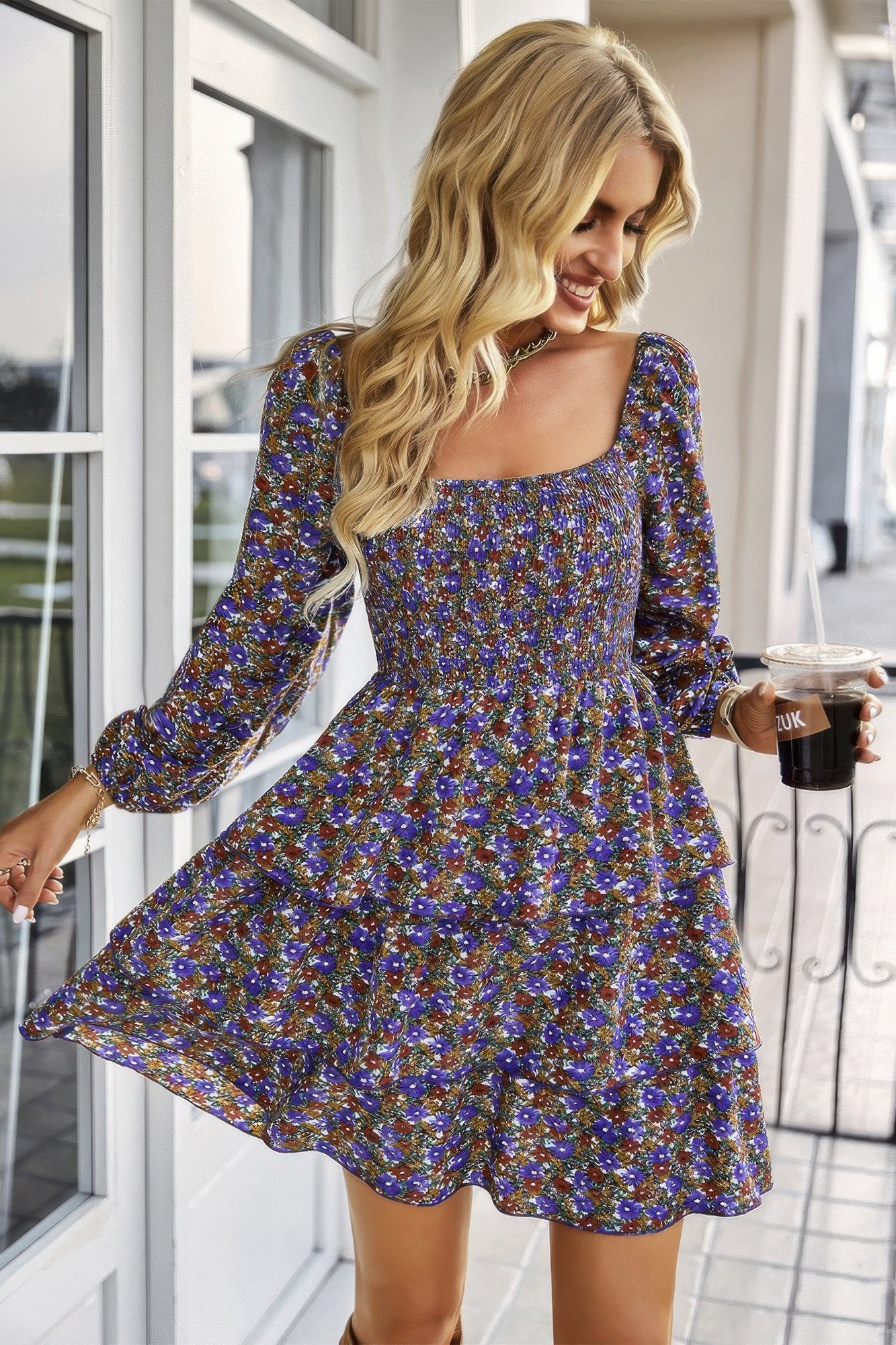 Square Neck Solid Lace Up Floral Cocktail Dress Simmer & Fay Purple S