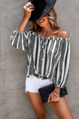 Printed Off Shoulder Frilled Tie Lantern Sleeve Top Simmer & Fay