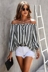 Printed Off Shoulder Frilled Tie Lantern Sleeve Top Simmer & Fay Black S