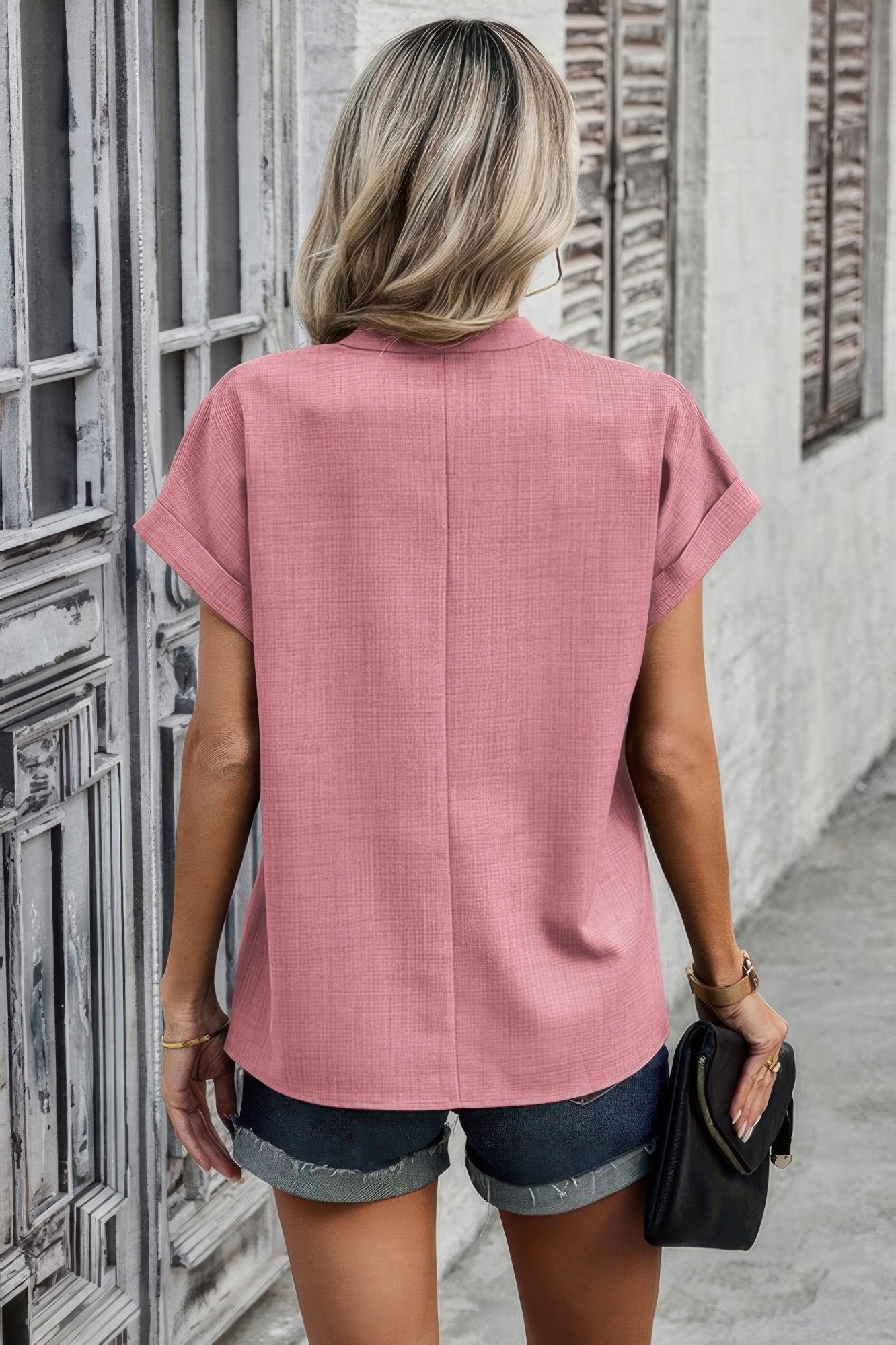 V Neck Solid Short Bat Sleeve Loose Fit Blouse Simmer & Fay