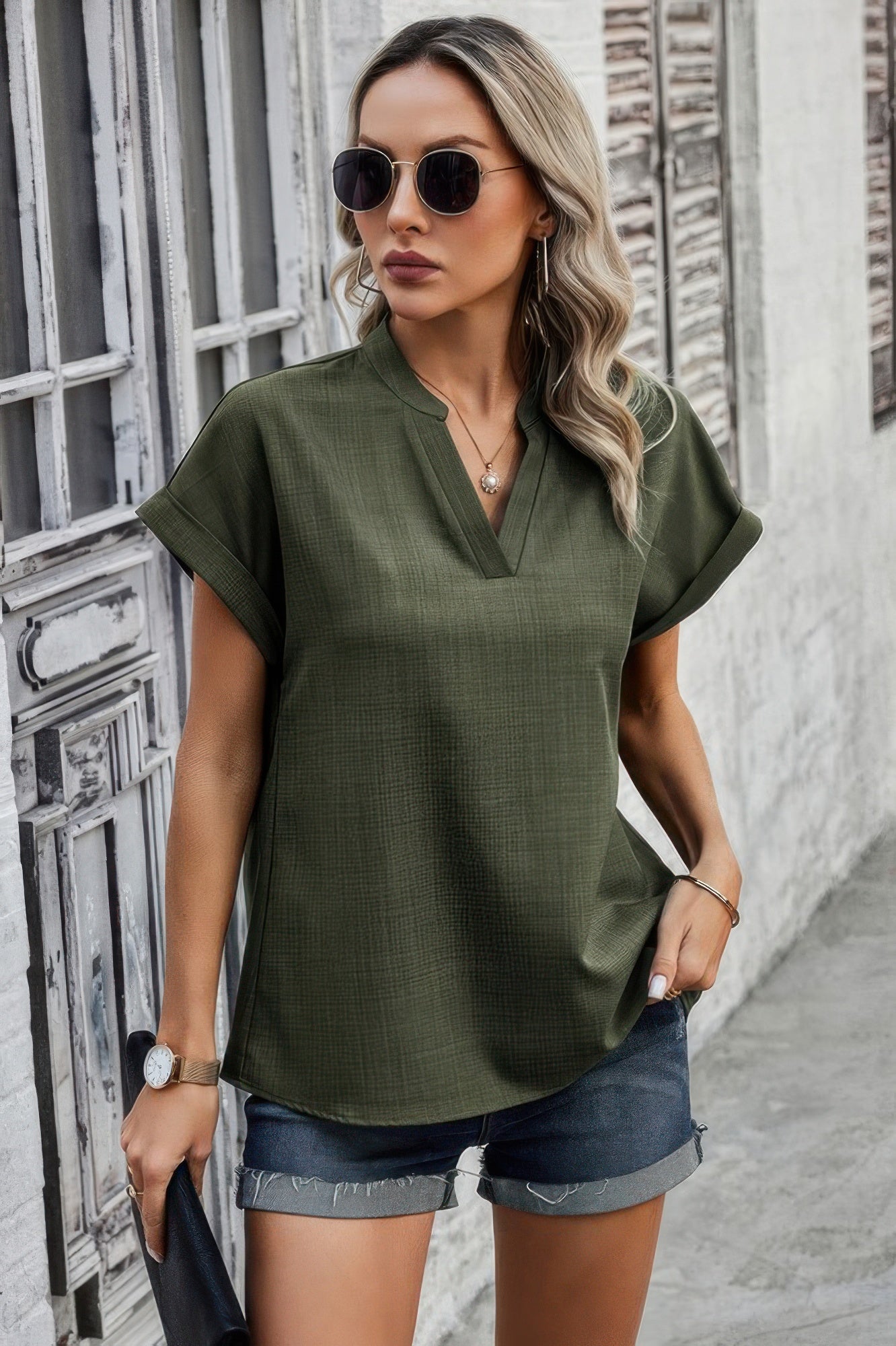 V Neck Solid Short Bat Sleeve Loose Fit Blouse Simmer & Fay Olive S