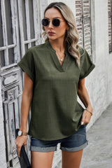 V Neck Solid Short Bat Sleeve Loose Fit Blouse Simmer & Fay Olive S