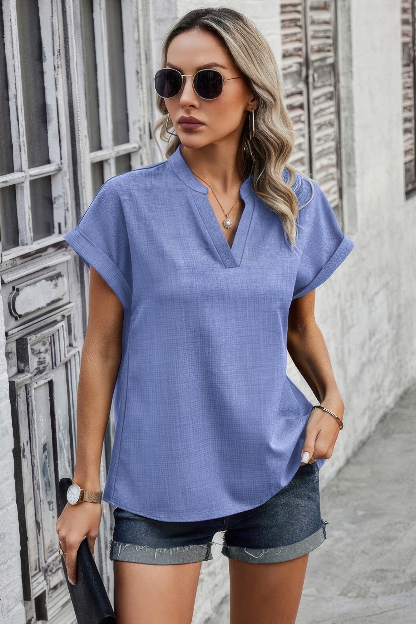 V Neck Solid Short Bat Sleeve Loose Fit Blouse Simmer & Fay Light Blue S