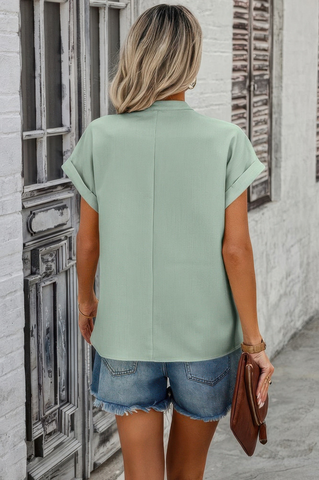 V Neck Solid Short Bat Sleeve Loose Fit Blouse Simmer & Fay