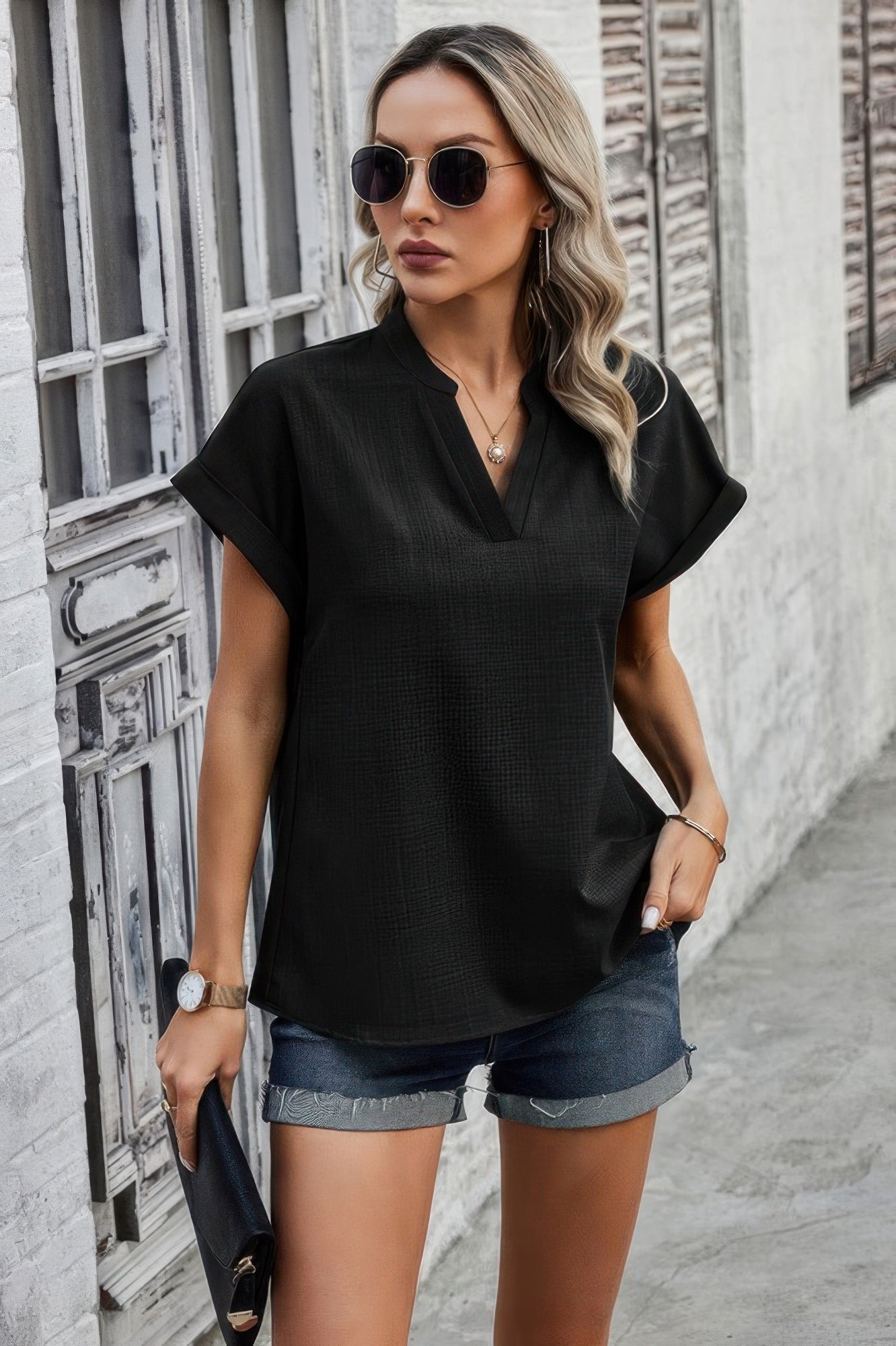V Neck Solid Short Bat Sleeve Loose Fit Blouse Simmer & Fay Black S