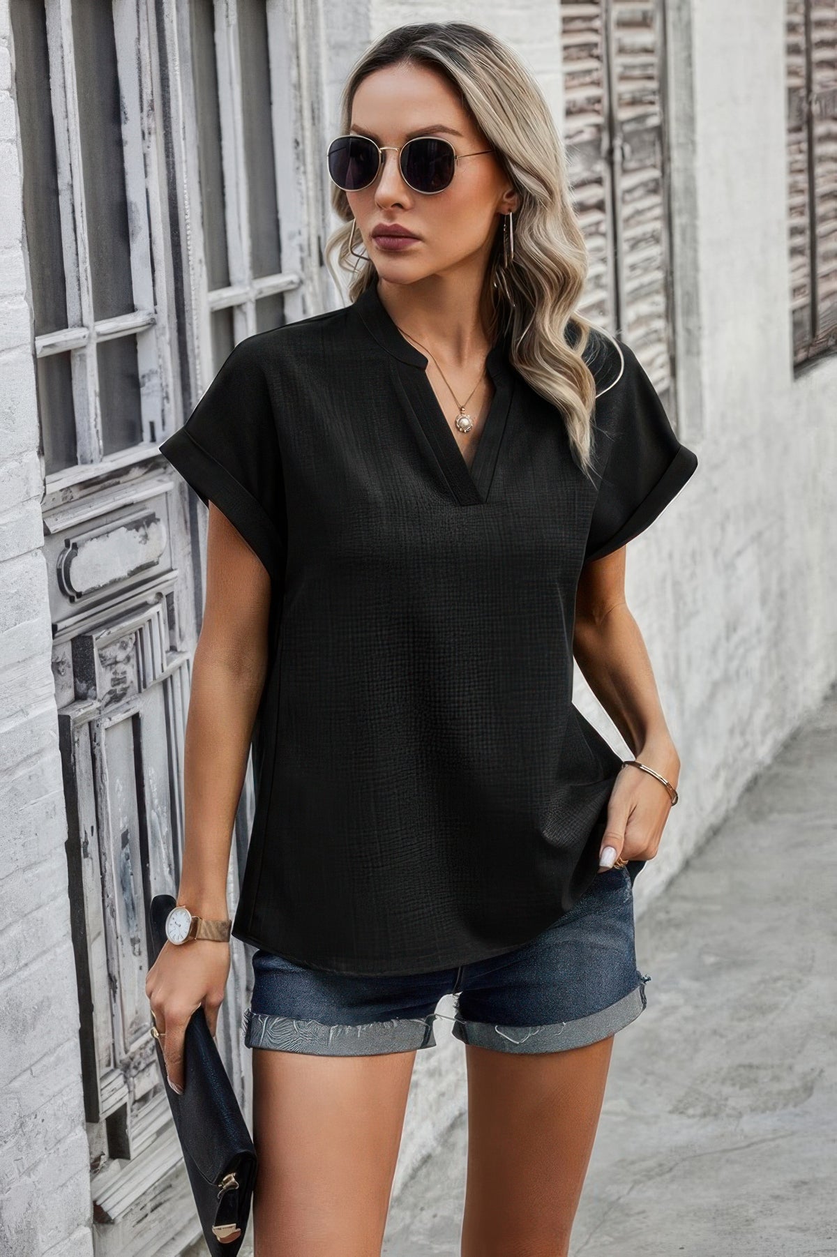 V Neck Solid Short Bat Sleeve Loose Fit Blouse Simmer & Fay Black S