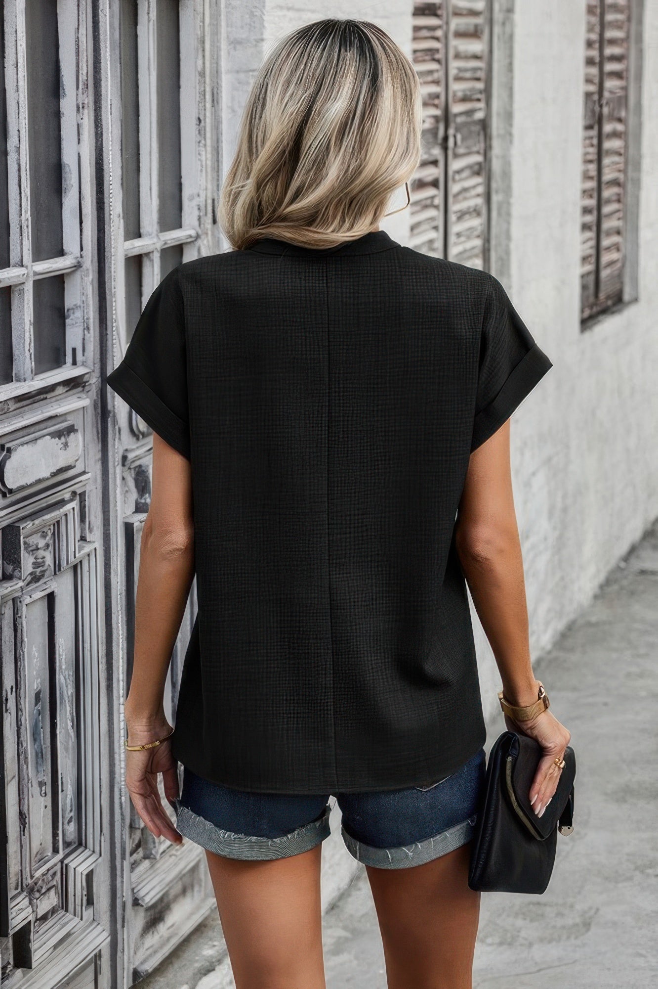 V Neck Solid Short Bat Sleeve Loose Fit Blouse Simmer & Fay