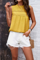 Crew Neck Swiss Dot Smocked Ruffled Loose Blouse Simmer & Fay