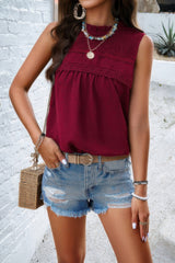 Crew Neck Swiss Dot Smocked Ruffled Loose Blouse Simmer & Fay