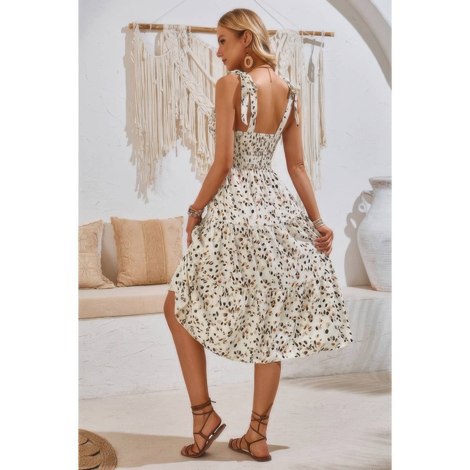 Square Neck Leopard Cut Out Elastic Waist Dress Simmer & Fay Beige S