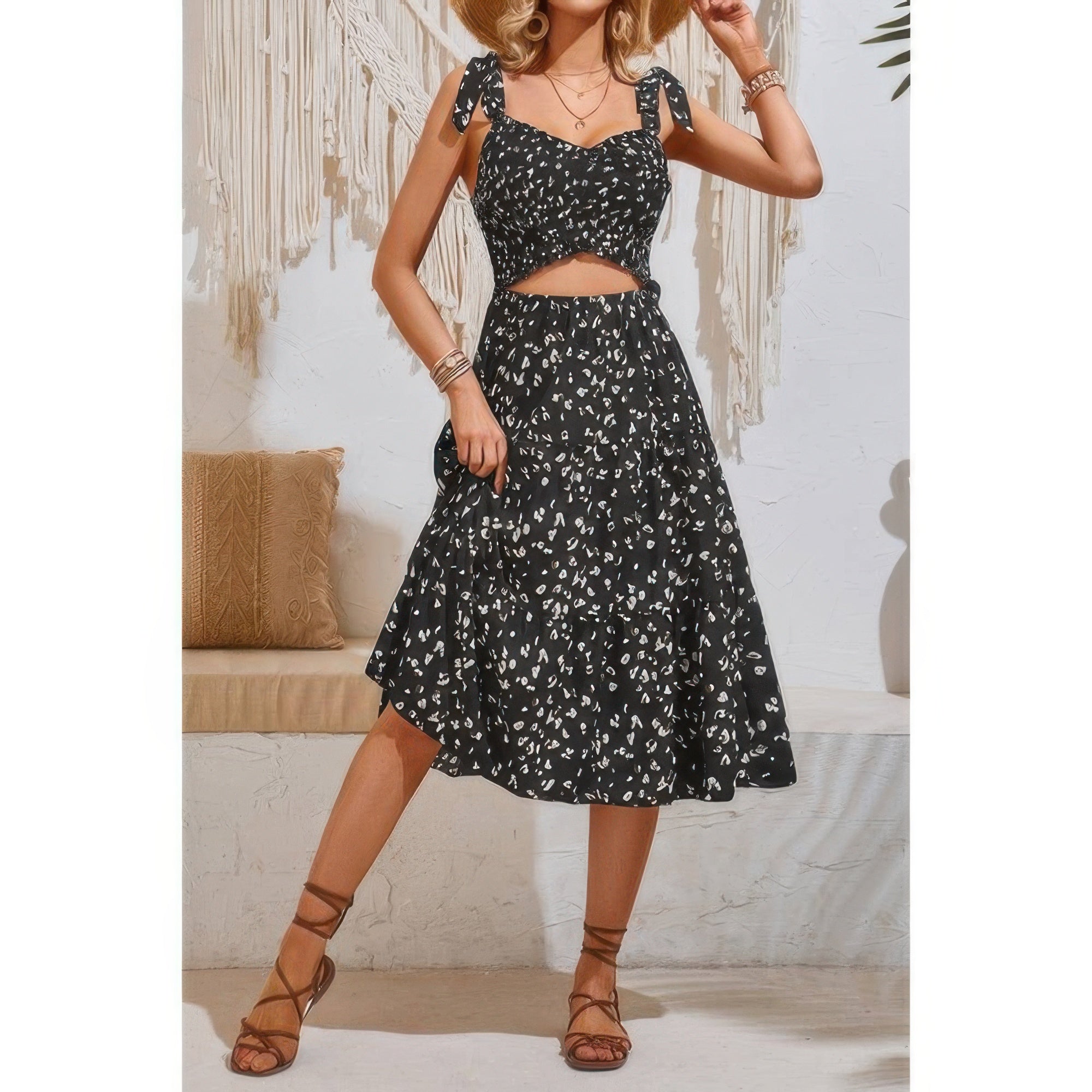 Square Neck Leopard Cut Out Elastic Waist Dress Simmer & Fay