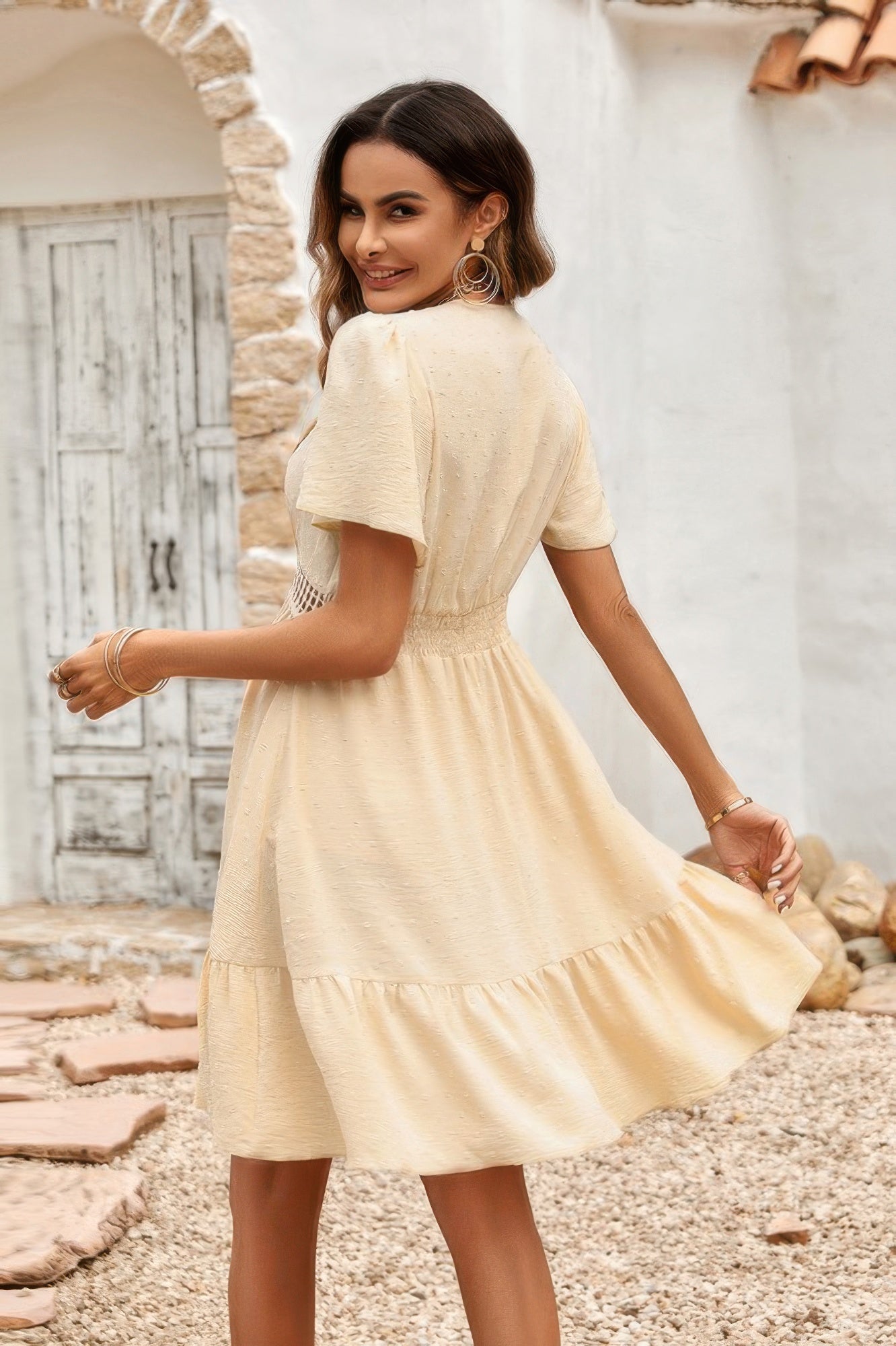 Swiss Dot Cutout Ruffle V Neck Puff Sleeve Dress Simmer & Fay