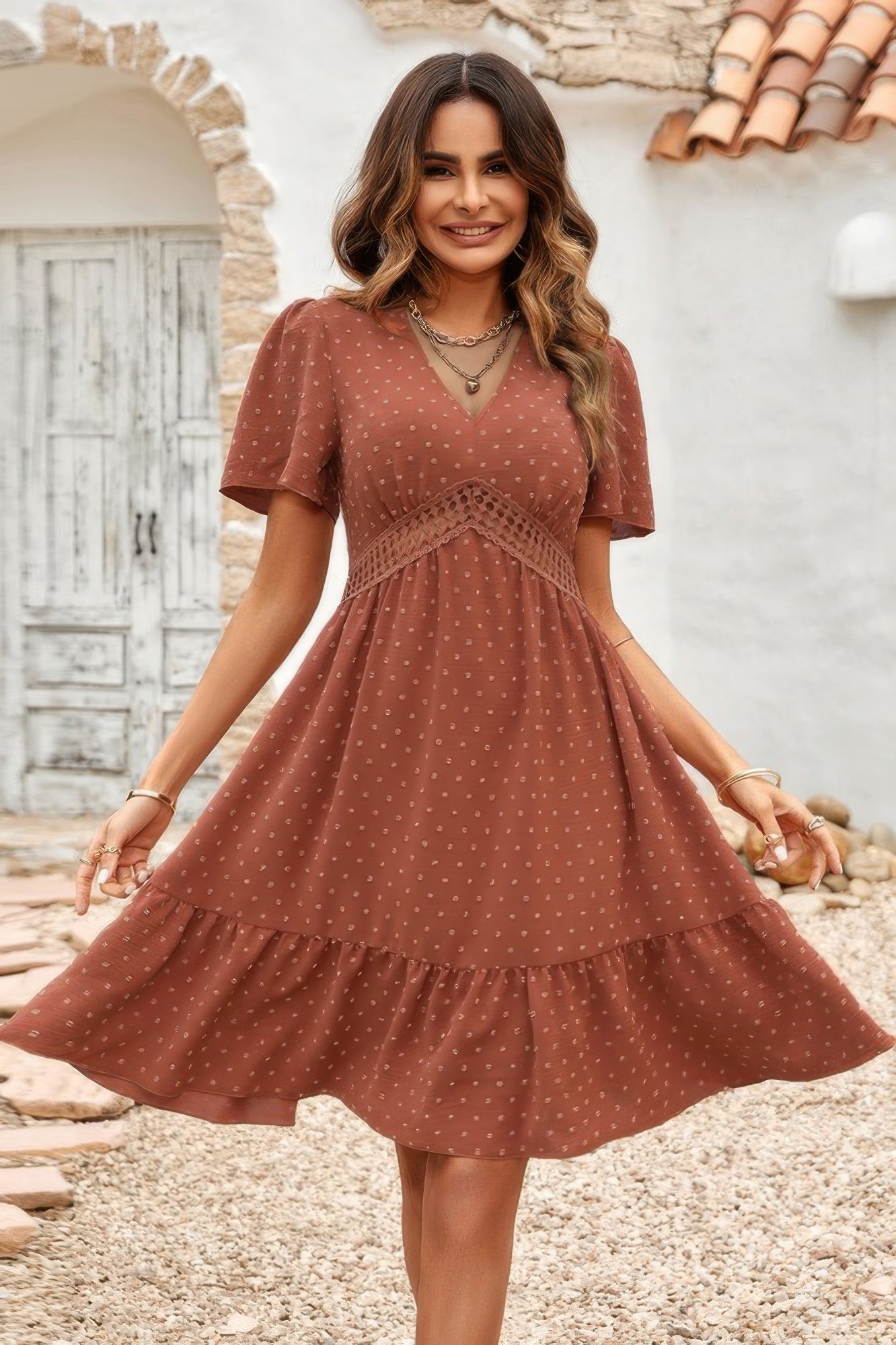 Swiss Dot Cutout Ruffle V Neck Puff Sleeve Dress Simmer & Fay Rust S
