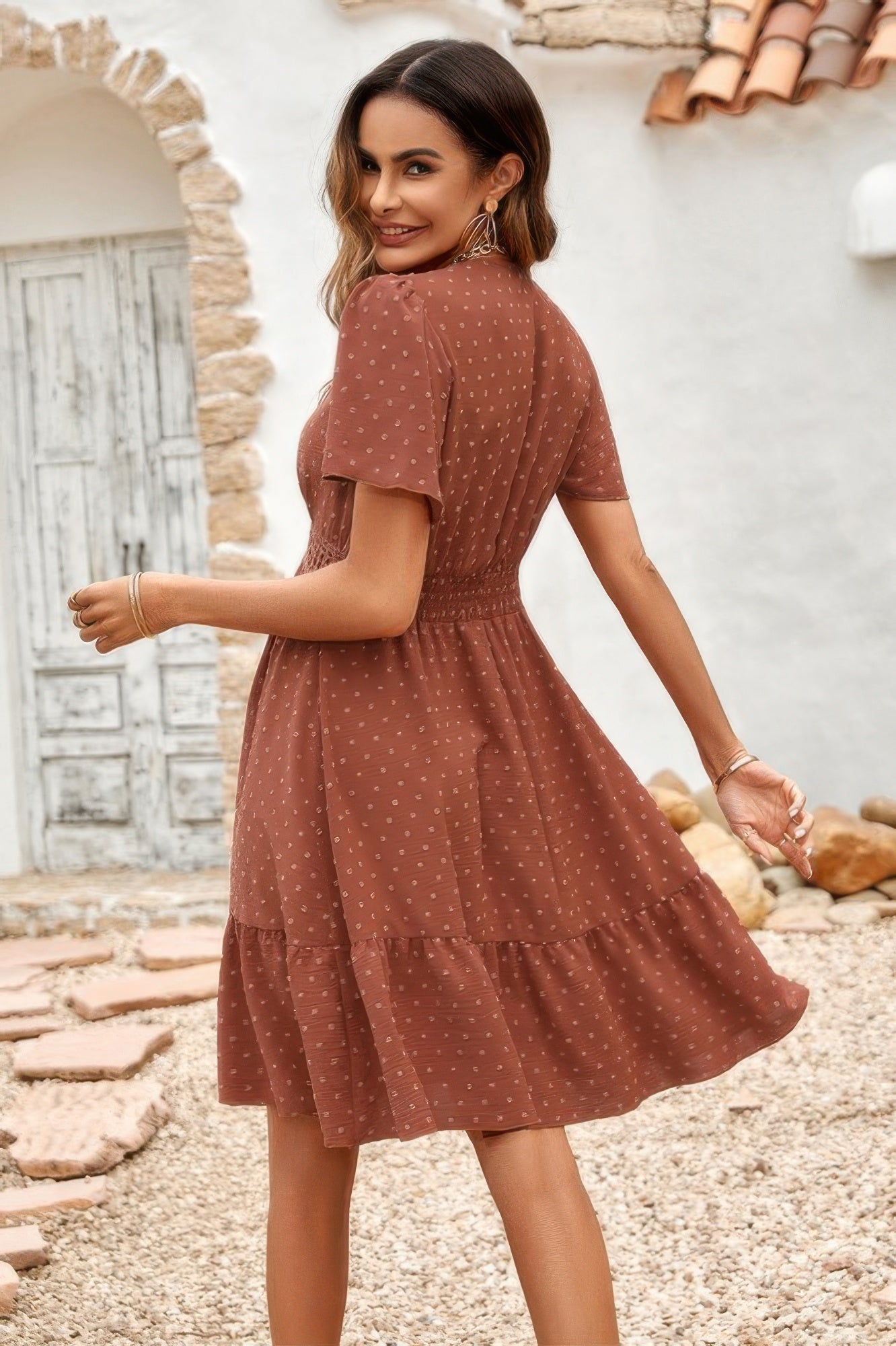 Swiss Dot Cutout Ruffle V Neck Puff Sleeve Dress Simmer & Fay