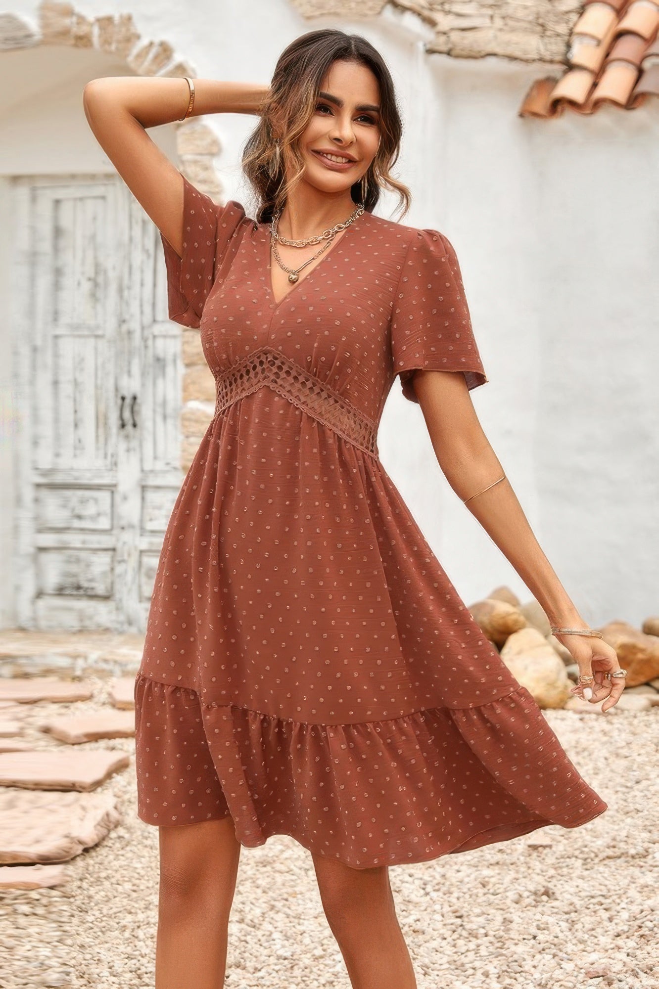 Swiss Dot Cutout Ruffle V Neck Puff Sleeve Dress Simmer & Fay