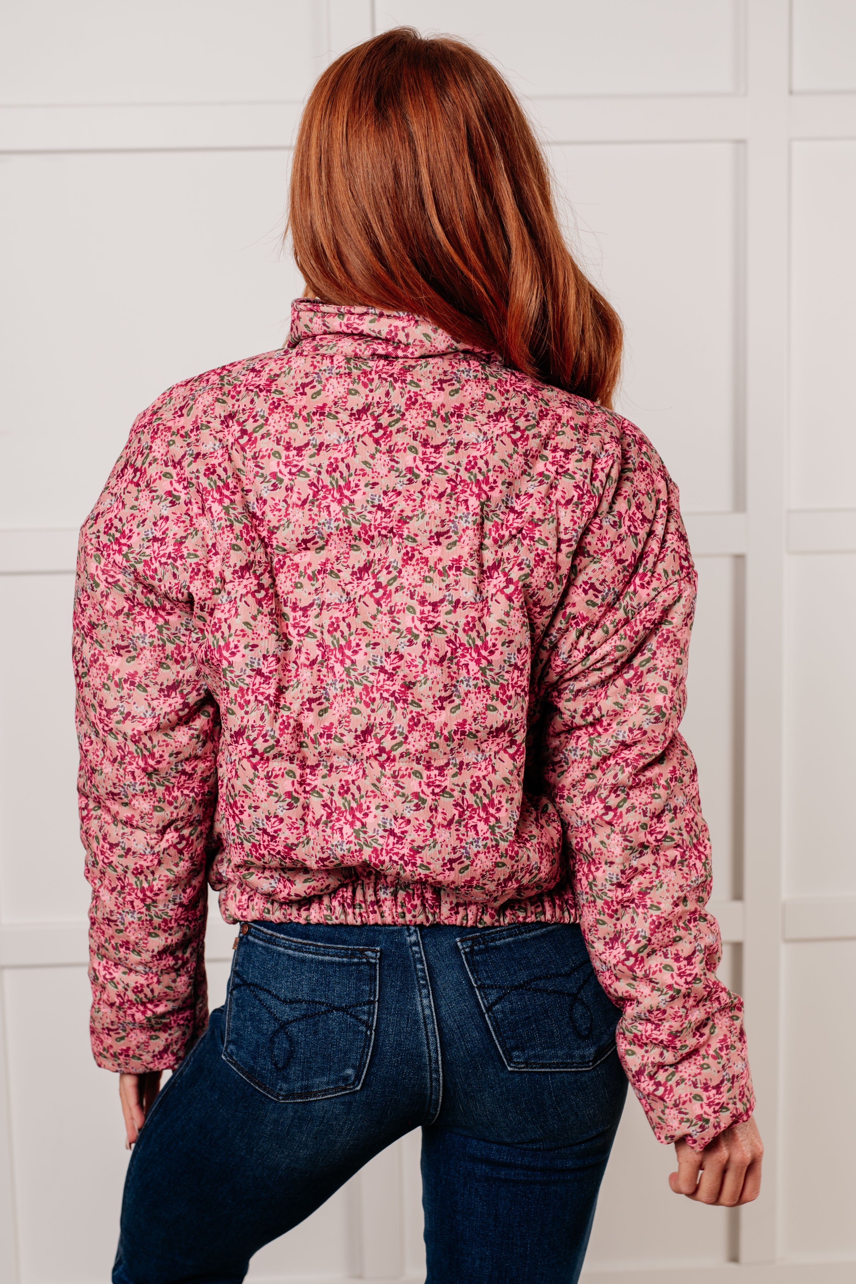 Wish Me Well Floral Printed Puffer Jacket in Rose Multi Polagram   