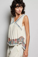 Lace Detail Ruffled Ribbed Sleeveless Top with Floral Pattern Trim Detail POL