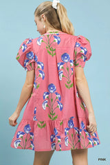 Floral Print Puff Sleeve Mini Dress with Scallop Trim Umgee