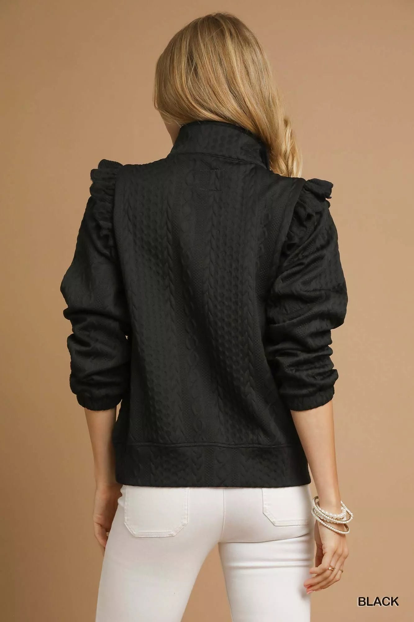 Cable Knit Textured Pullover with Ruffle Shoulders Umgee